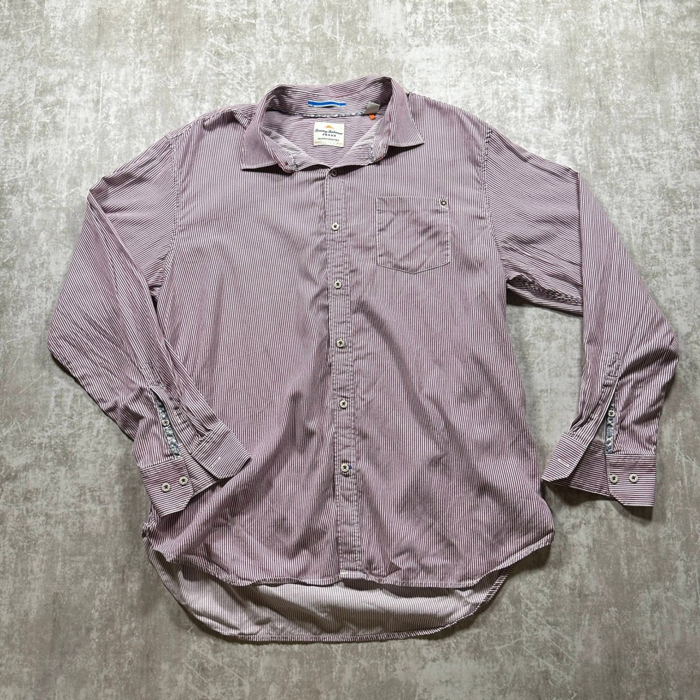 Tommy Bahama Jeans Button Down Shirt Mens XL Burgundy Striped Island Crafted